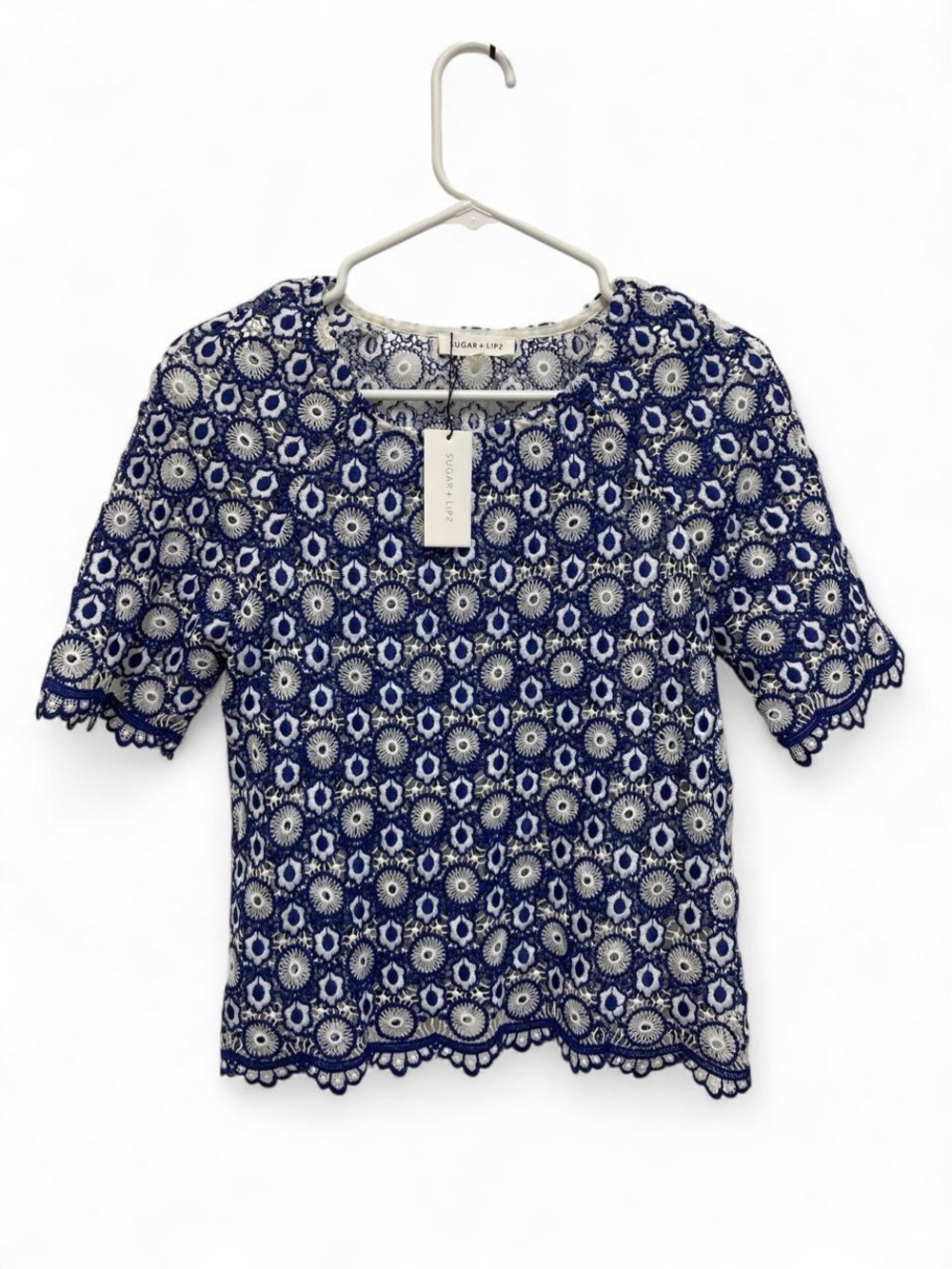 Sugarlips Navy and White Crochet Lace Short Sleeve Top New with tags XS